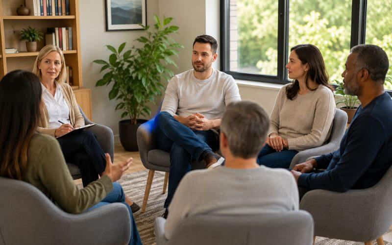 Small group therapy session for dual diagnosis treatment showing peer support and connection in recovery from depression and addiction