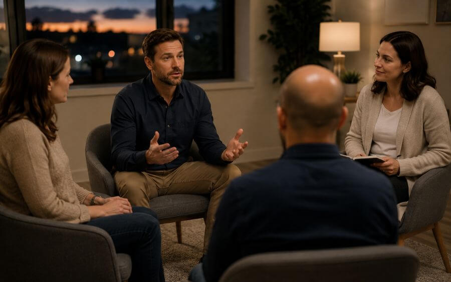 Warmly lit therapy room at Heartfelt Recovery Centers in New Hampshire during an evening IOP session, showing a small group of professionals in recovery