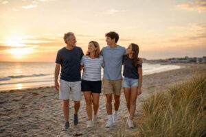 Family walking together on New Hampshire beach during recovery, representing summer relapse prevention and family support