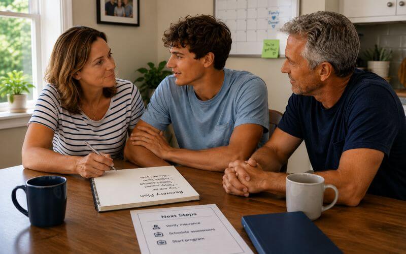 Family having supportive planning conversation about summer events and relapse prevention strategies at home in New Hampshire 