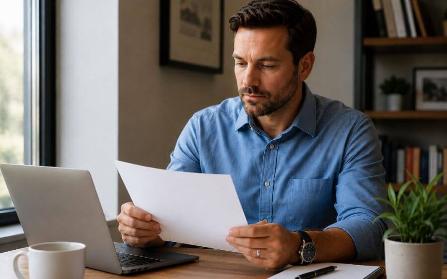 Person reviewing employee rights documents at a desk, representing a New Hampshire professional understanding their FMLA protections for addiction treatment