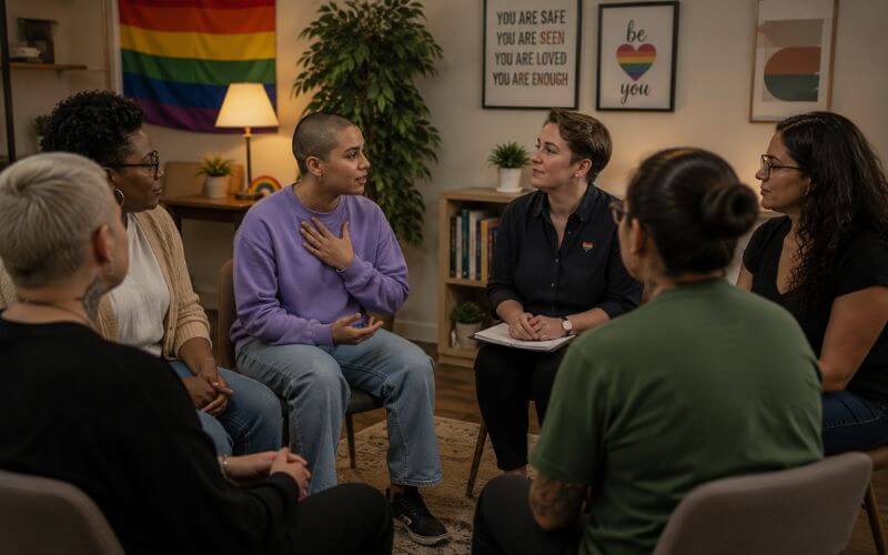 LGBTQ+ individuals in affirmative group therapy session discussing recovery and identity-related challenges in safe environment