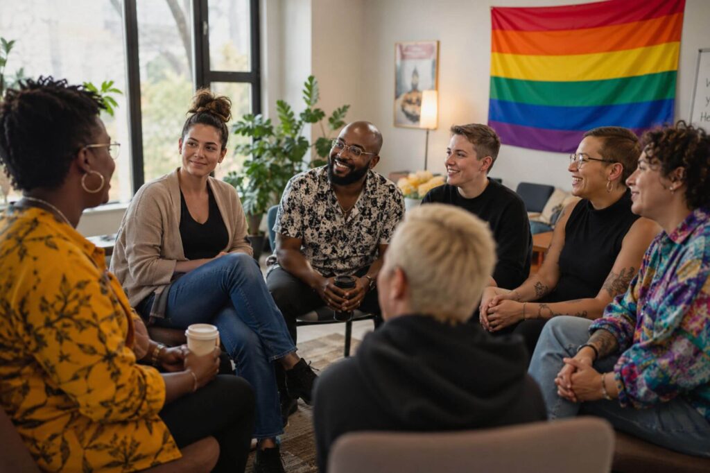 LGBTQ+ individuals in recovery support group celebrating Pride Month with rainbow flags and affirmative care messaging