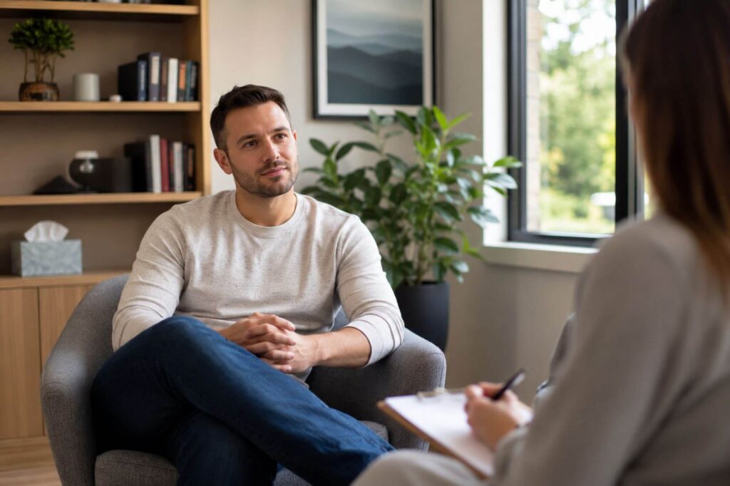 Person sitting in therapy session with therapist, discussing depression and substance use in calm, supportive treatment room