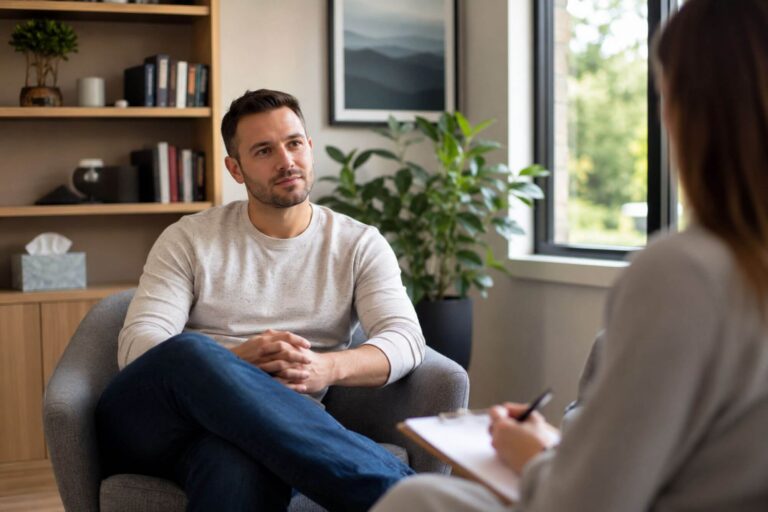 Person sitting in therapy session with therapist, discussing depression and substance use in calm, supportive treatment room