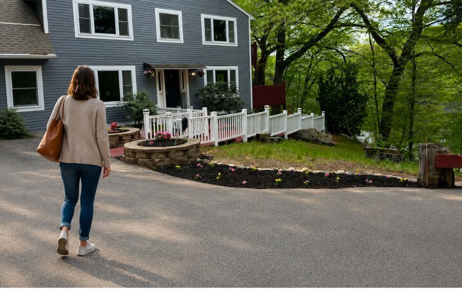 Person standing at the entrance of Heartfelt Recovery Centers in Hudson, New Hampshire, representing the hopeful first step toward alcohol addiction treatment