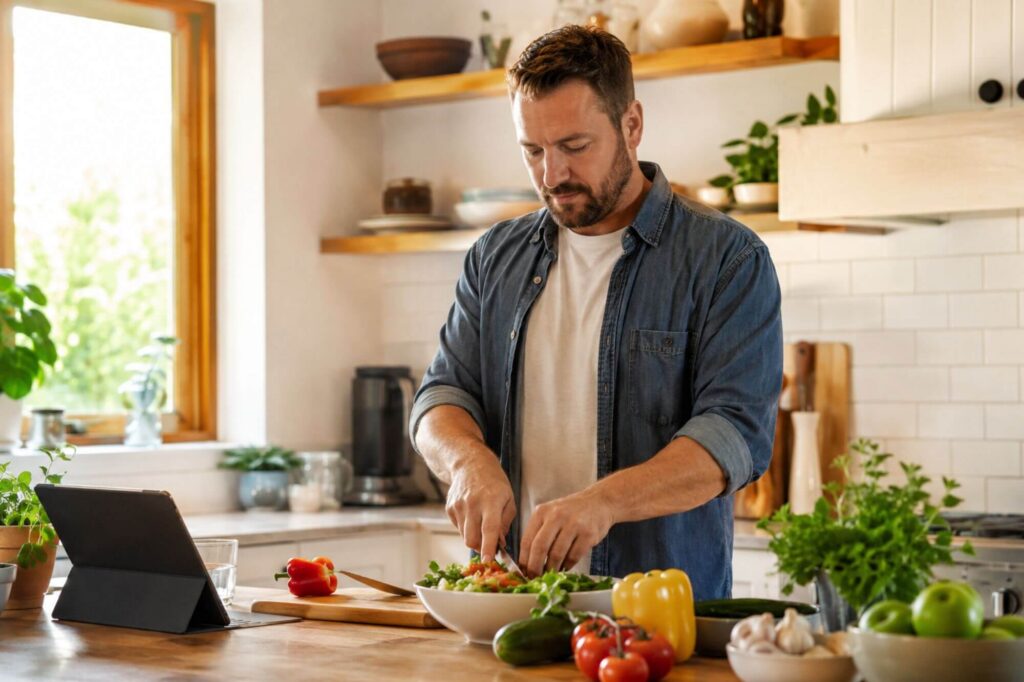 Person preparing a healthy meal in a bright kitchen, representing the role of nutrition in addiction recovery and rebuilding physical health during treatment in New Hampshire