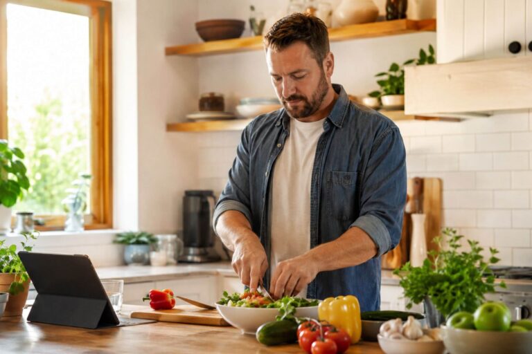 Person preparing a healthy meal in a bright kitchen, representing the role of nutrition in addiction recovery and rebuilding physical health during treatment in New Hampshire