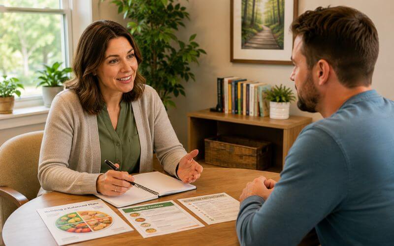 Nutrition counselor meeting with a patient in recovery at a New Hampshire outpatient treatment center to develop a personalized nutrition plan 