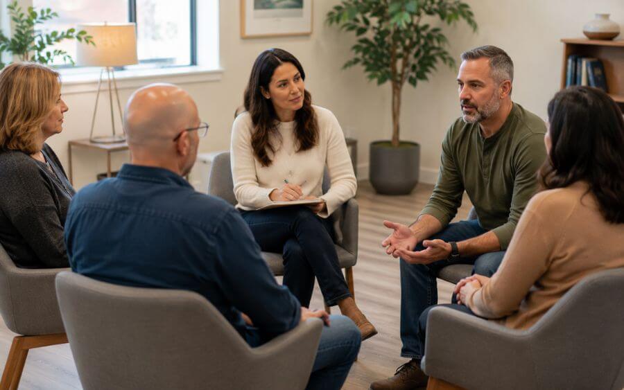 Small group therapy session at a New Hampshire outpatient treatment center, showing people in recovery connecting and sharing in a supportive setting