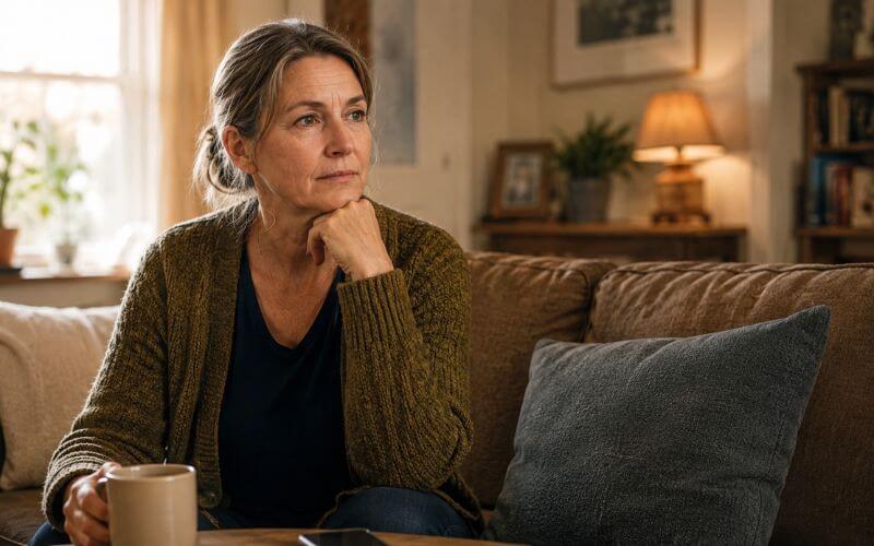 Parent sitting alone at home looking thoughtful and concerned, representing a parent in New Hampshire processing worry about their college student's substance use before the fall semester 