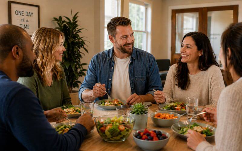 PHP program participants sharing a structured meal at Heartfelt Recovery Centers in New Hampshire, representing the role of meal support in partial hospitalization addiction treatment 