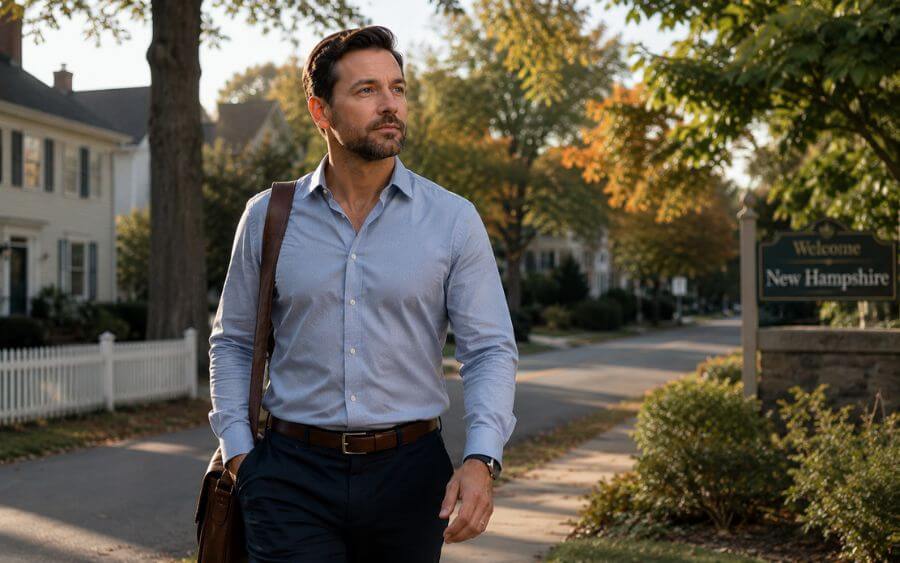 Professional in their 40s walking outside in New Hampshire with a calm and purposeful expression, representing someone moving forward in recovery while maintaining their career.