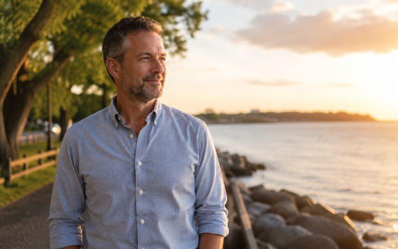 Confident professional man in recovery standing outdoors, representing successful addiction treatment outcomes and career preservation