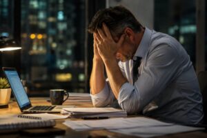 Professional man at desk looking stressed while working late, representing the hidden struggle with addiction in high-pressure careers