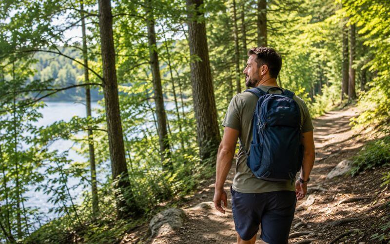 Person hiking on a New Hampshire trail in summer, representing physical vitality and whole-body health as part of addiction recovery 