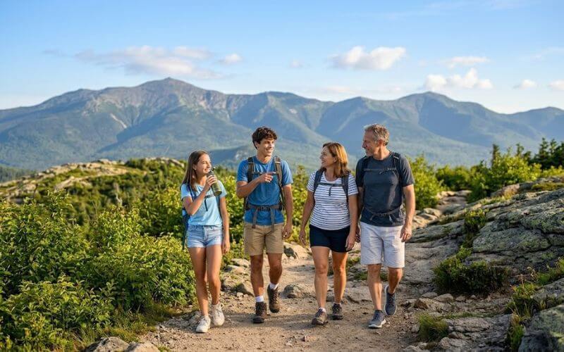 People hiking in White Mountains New Hampshire showing healthy sober summer activities for addiction recovery 