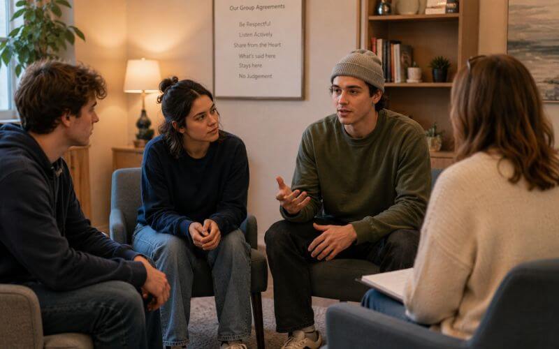 Young adults in their early 20s in a group therapy session at Heartfelt Recovery Centers in New Hampshire, representing young adult IOP programming for college students in recovery 