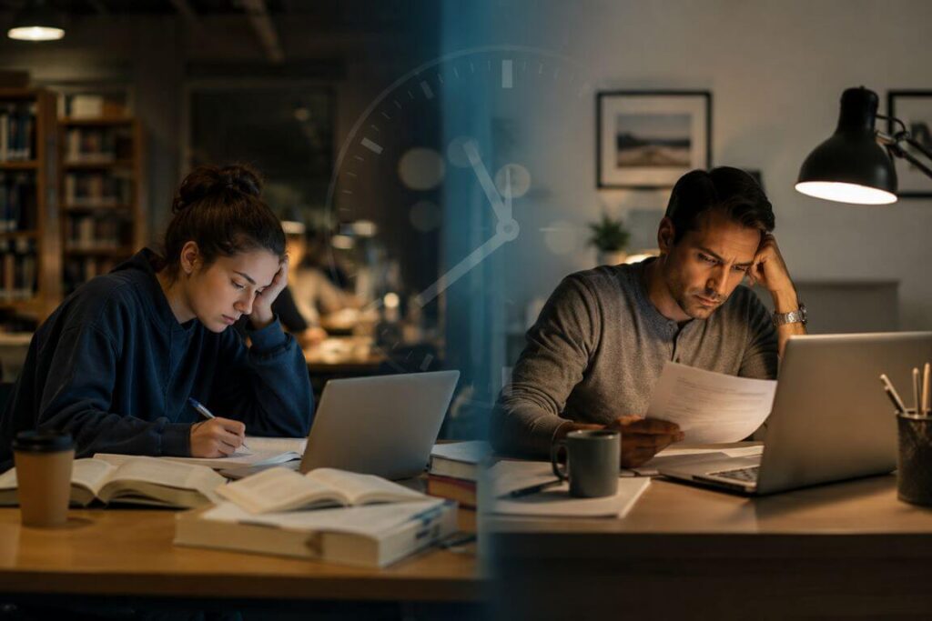 College student and working professional experiencing time pressure while studying and working late, illustrating common signs of Adderall misuse.
