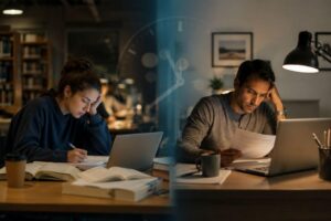 College student and working professional experiencing time pressure while studying and working late, illustrating common signs of Adderall misuse.