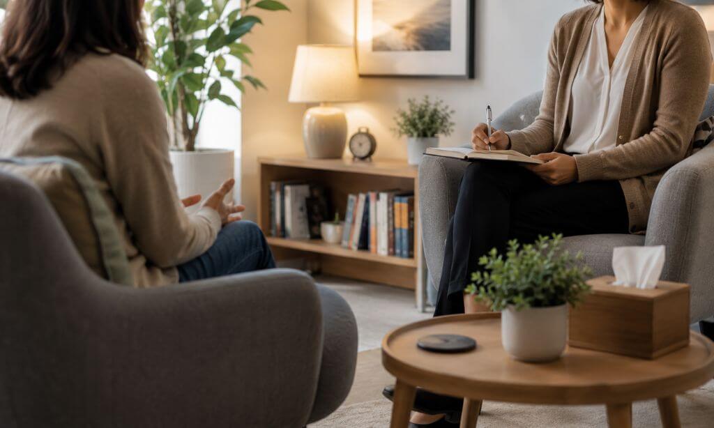Therapist taking notes while speaking with an adult during a counseling session in a calm, welcoming therapy office.
