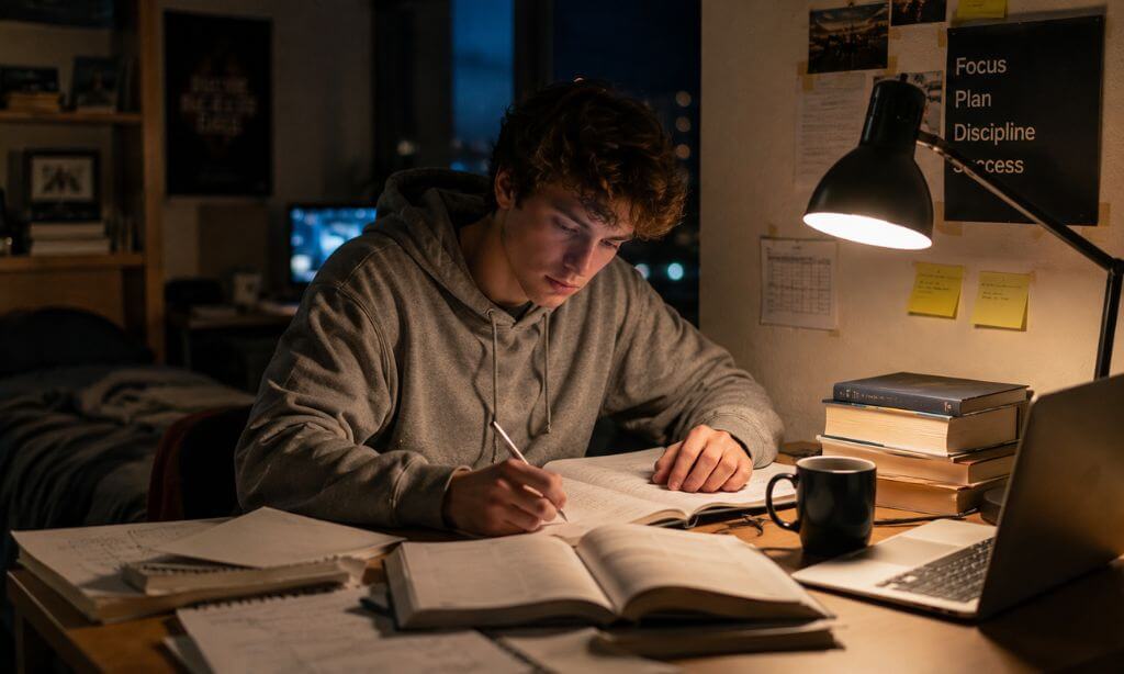 Young adult studying late at night in a dorm room with books, notes, and a laptop, illustrating academic pressure without visible medication or drug use.