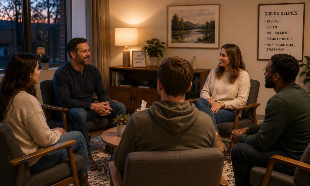 Evening intensive outpatient group therapy session in progress