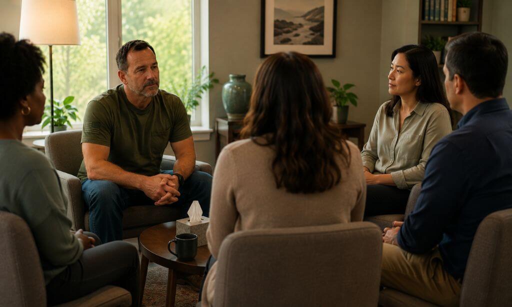 Small group therapy session for first responders discussing stress and recovery in a supportive setting 