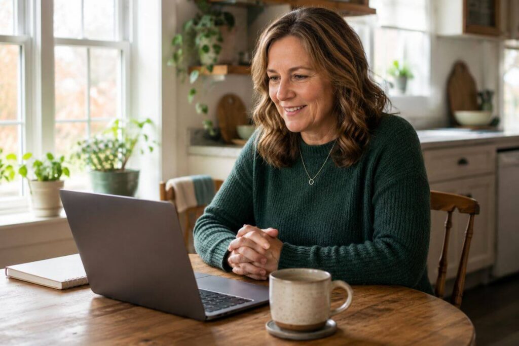 Person attending a telehealth addiction therapy session from home on a laptop