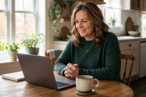 Person attending a telehealth addiction therapy session from home on a laptop