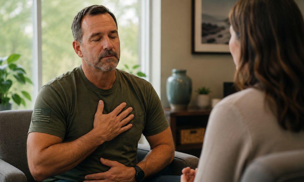 Therapist guiding a client through a grounding and nervous system regulation exercise 