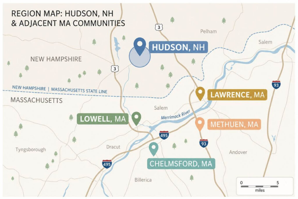 Map style graphic showing the short distance between Hudson NH and Northern Massachusetts towns
