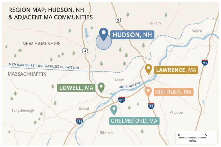 Map style graphic showing the short distance between Hudson NH and Northern Massachusetts towns