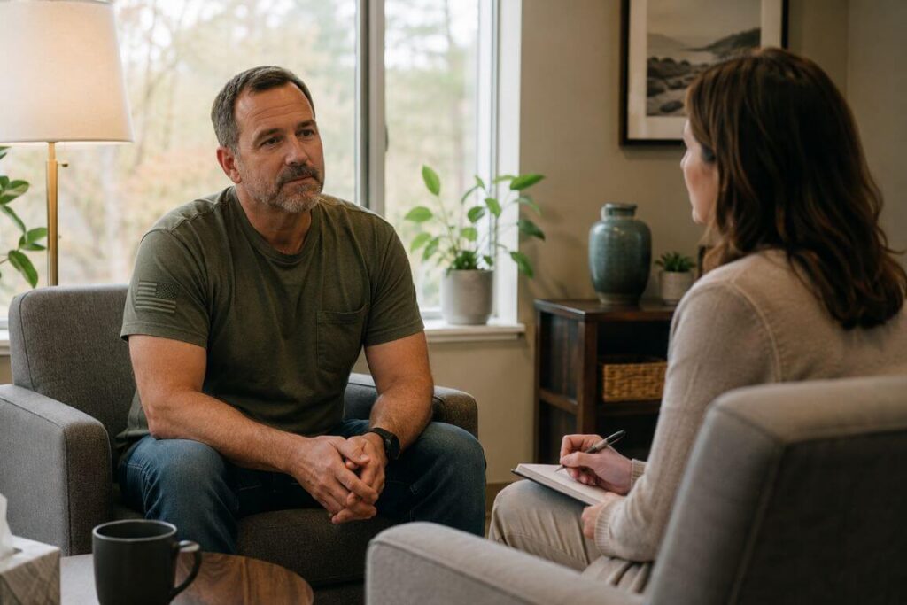 Veteran in New Hampshire talking with a trauma-informed therapist during an outpatient counseling session