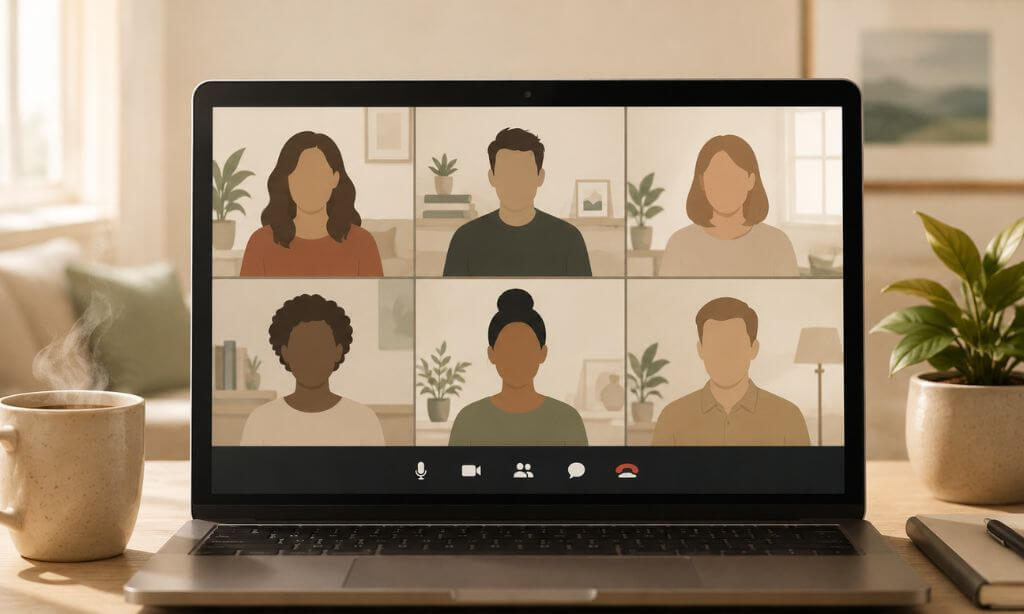 Illustration of a virtual group therapy session with multiple participants on a video call 