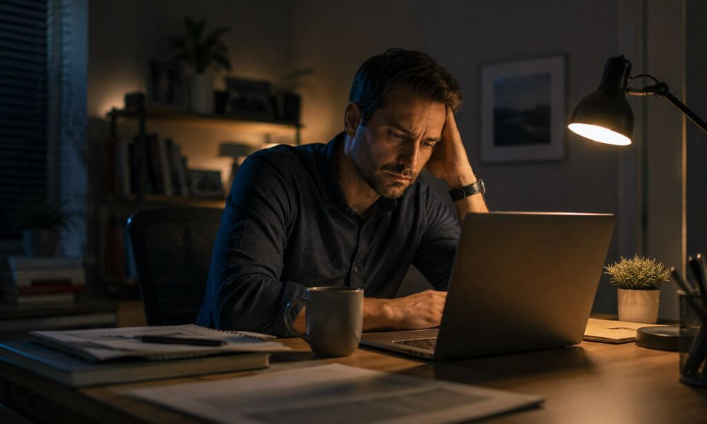Tired professional working late at a home office desk with a laptop and coffee mug, illustrating workplace pressure without showing medication or drug use.