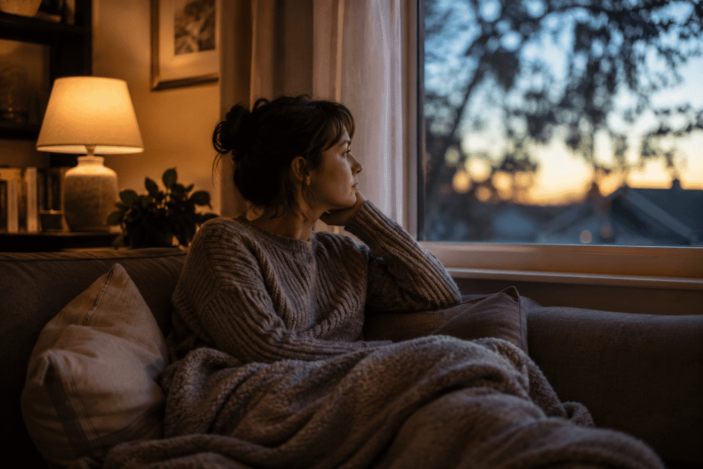 Person sitting quietly at home during a calm moment, representing the emotional ups and downs of living with bipolar disorder and substance use