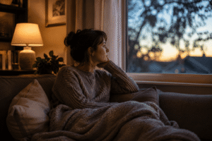 Person sitting quietly at home during a calm moment, representing the emotional ups and downs of living with bipolar disorder and substance use