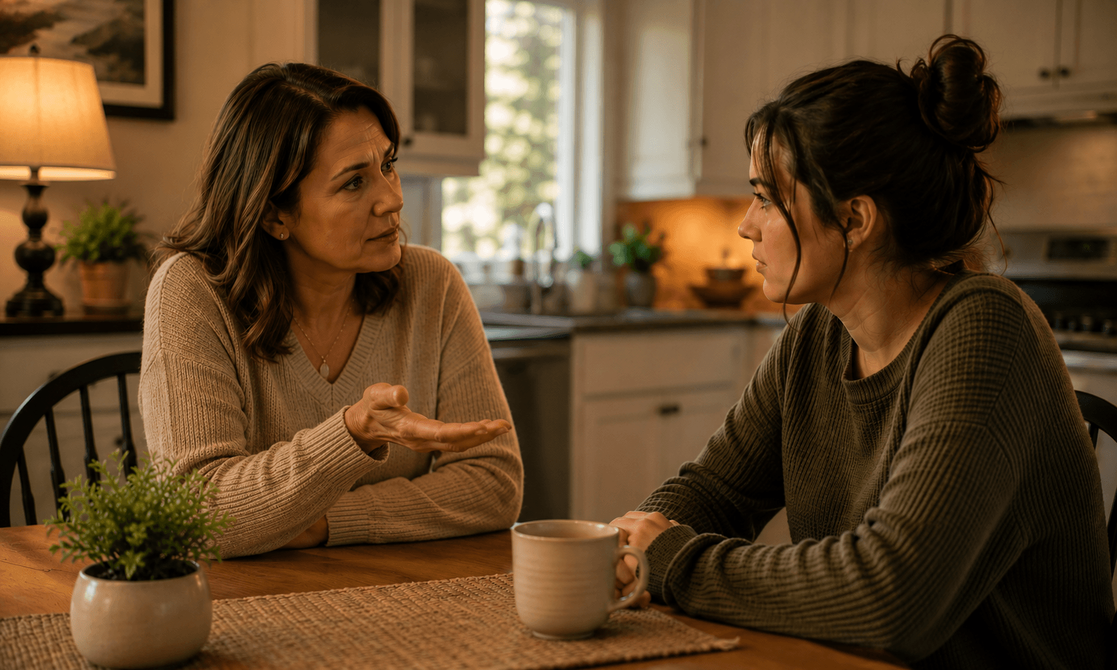 Family member noticing early signs of a mood episode and having a supportive conversation at home in New Hampshire