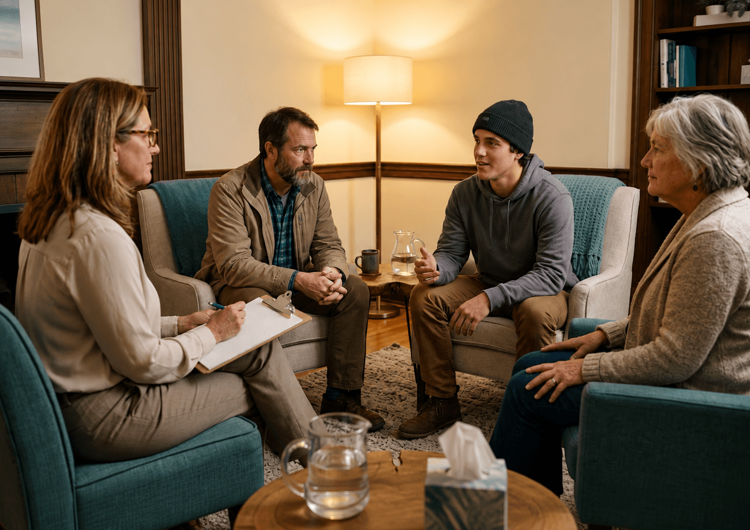 Family members sitting together in a supportive family therapy session at a New Hampshire outpatient addiction treatment center 