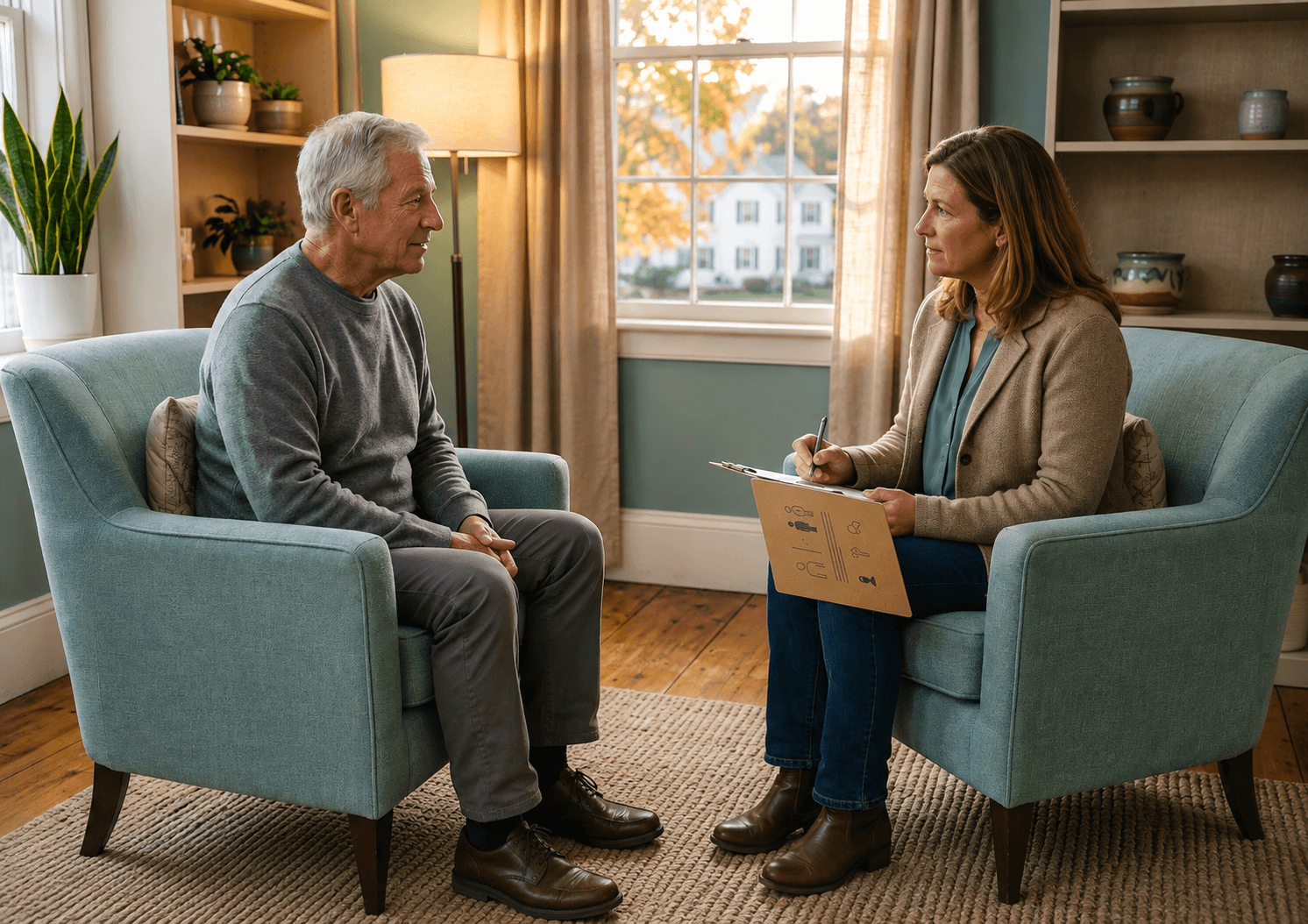 Person having a calm, confidential intake conversation with a clinician at an outpatient treatment center in New Hampshire 