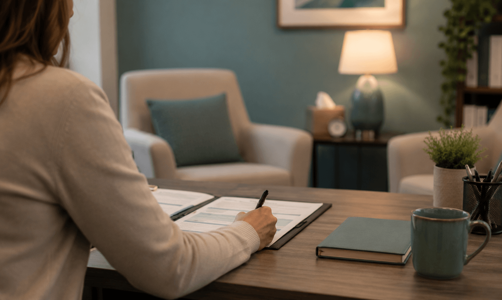 Clinician reviewing an integrated treatment plan for bipolar disorder and substance use disorder in a New Hampshire outpatient office