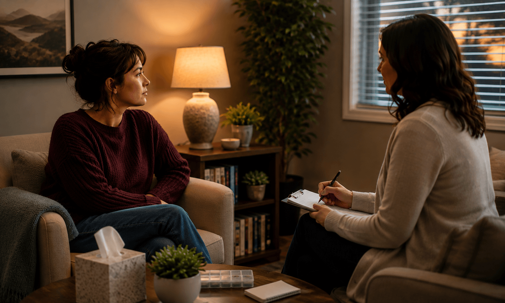 Psychiatric provider discussing medication management options with a patient during an outpatient appointment in New Hampshire