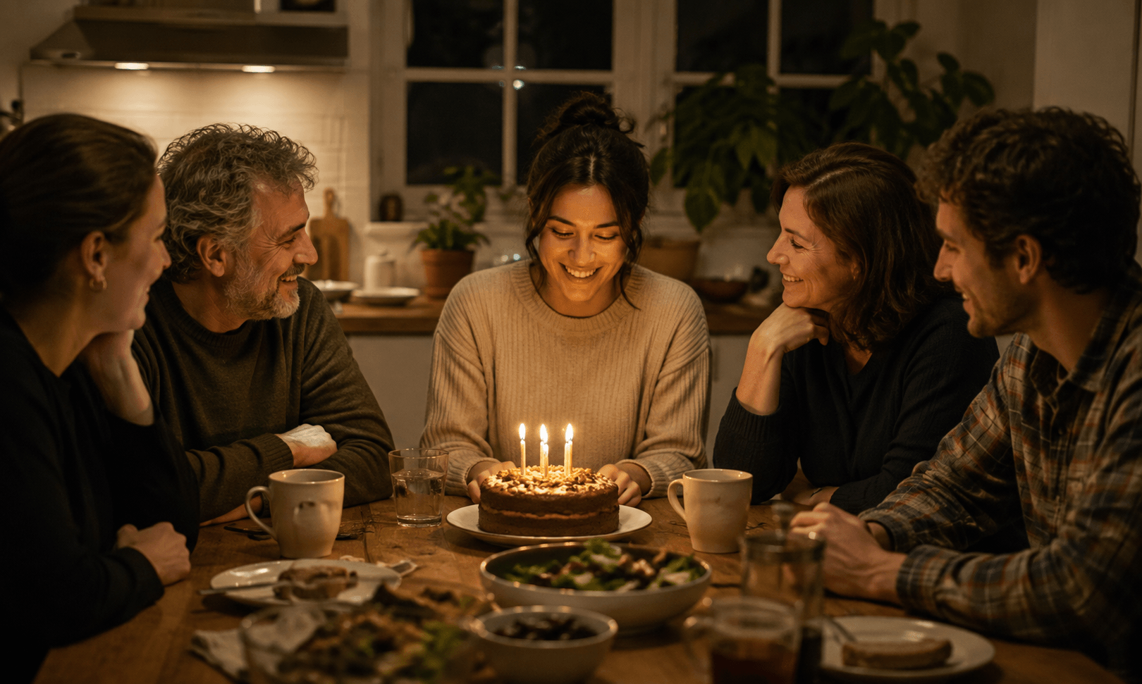 Family celebrating a one-year recovery milestone together at home 