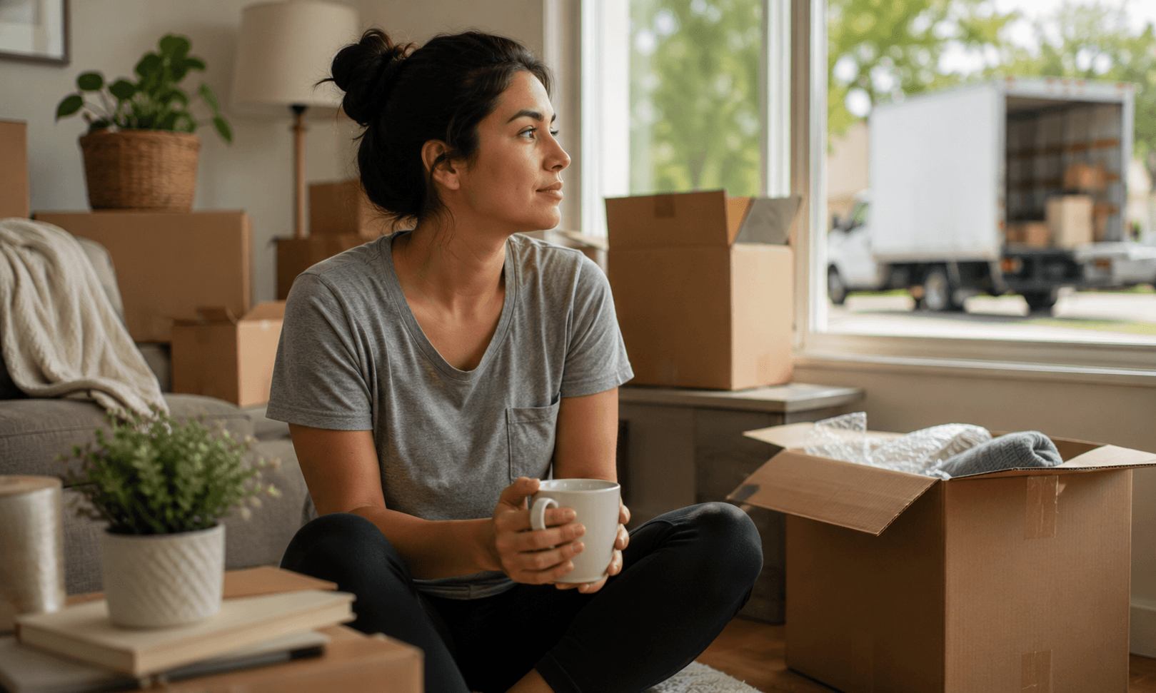 Person practicing ongoing self-awareness and coping strategies during a stressful life transition, years into recovery
