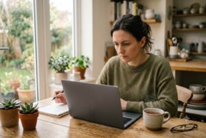 Person researching addiction treatment center accreditation and licensing information on a laptop at home