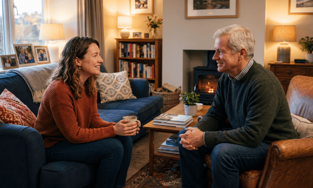 : Family members having a supportive conversation on a couch
