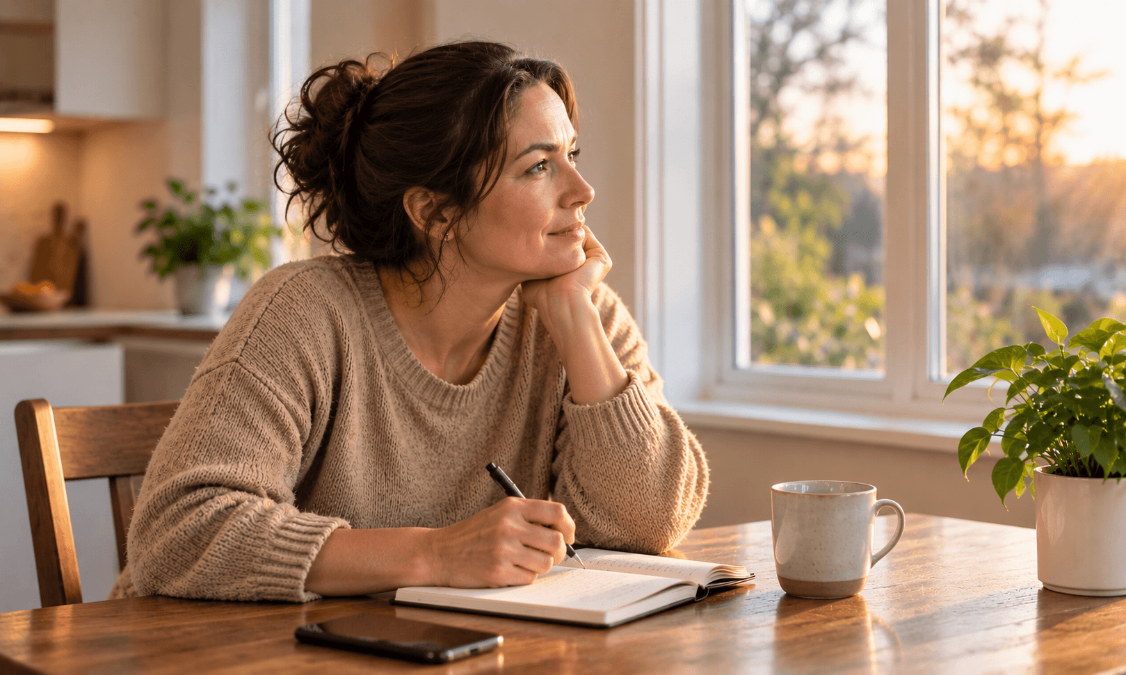 Hopeful woman reflecting at home after alcohol relapse
