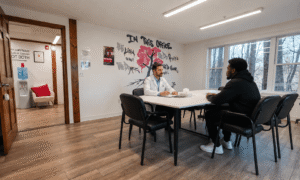 Clinician conducting an intake conversation with a new client