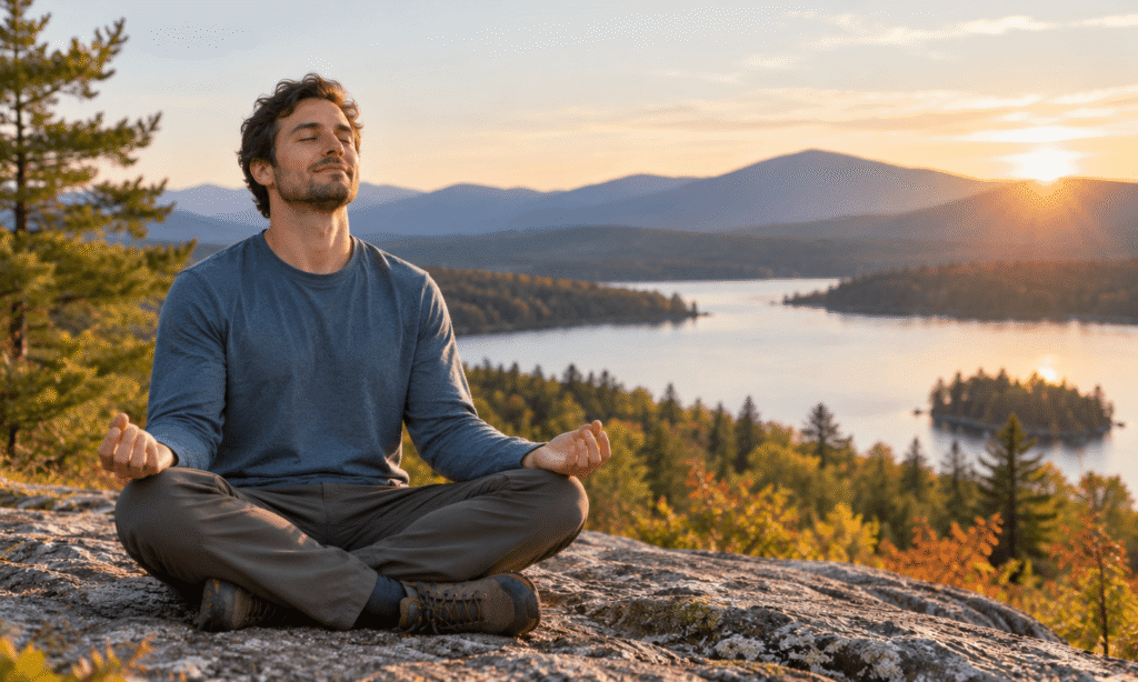 Person practicing meditation outdoors in a calm natural setting